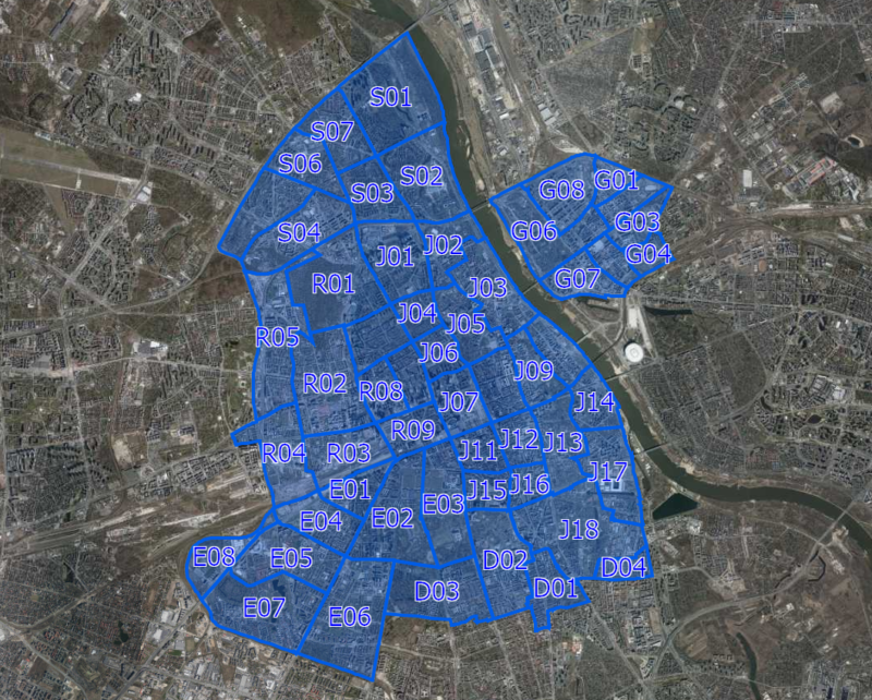 Mapa abonamentów obszarowych w Strefie Płatnego Parkowania Niestrzeżonego w Warszawie