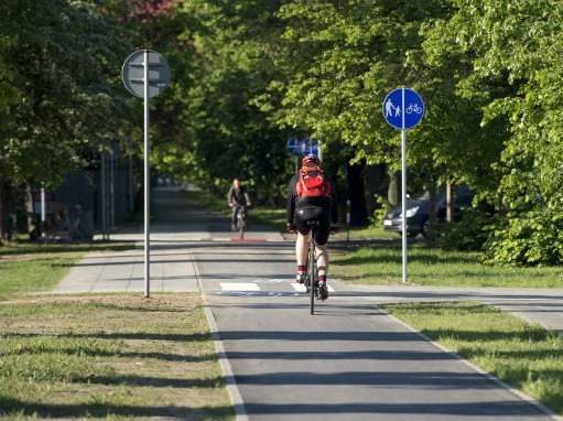 Rowerzysta jadący ścieżką rowerową na ulicy Żwirki i Wigury.