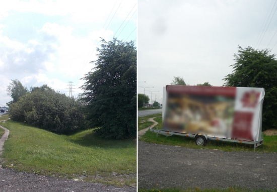 Dwa zdjęcia tego samego trawnika z nielegalną reklamą i po jej usunięciu.
