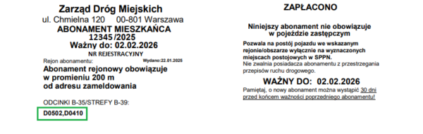 Przykładowy identyfikator mieszkańca z uprawnieniami B-35