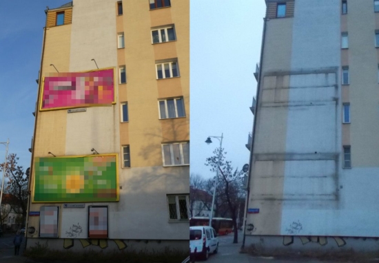 Zdjęcie po lewej stronie przedstawia nielegalnie zainstalowane reklamy na elewacji budynku, na zdjęciu po prawej ten sam budynek po ich usunięciu.