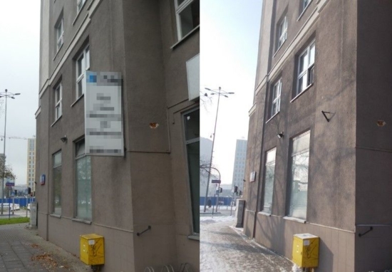 Nielegalnie zawieszony szyld na elewacji budynku, przed i po jego usunięciu.