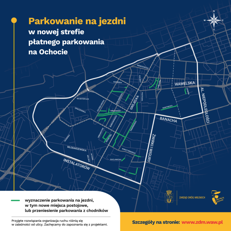 Grafika przedstawia ulice, na których parkowanie na Ochocie zostanie przeniesione na jezdnię.