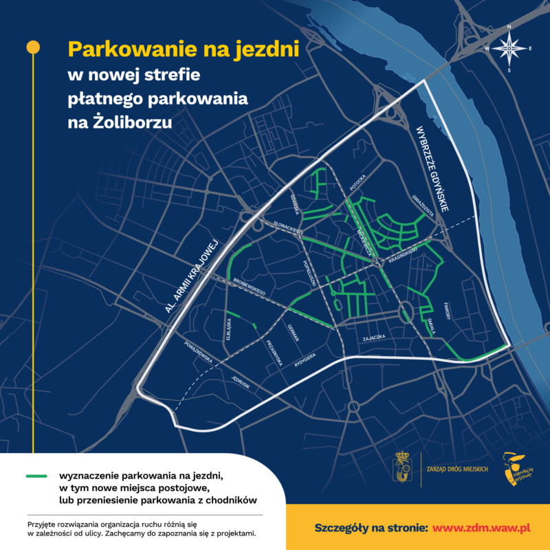 Grafika przedstawia ulice, na których parkowanie na Żoliborzu zostanie przeniesione na jezdnię.