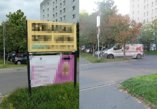 Miejsce z nielegalnie postawioną reklamą, przed i po jej usunięciu.