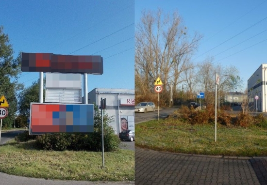Na lewym zdjęciu nielegalnie zainstalowana reklama, na zdjęciu prawym to samo miejsce po jej usunięciu.