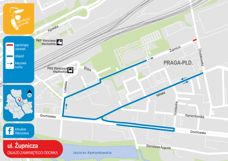 Mapa objazdu zamkniętego odcinka ulicy Żupniczej.