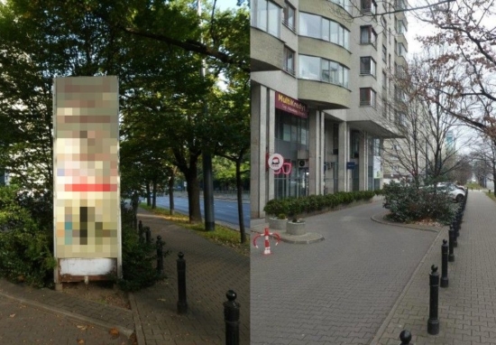 Na lewym zdjęciu instalacja reklamowa postawiona nielegalnie w pasie drogi, na zdjęciu prawym to samo miejsce po usunięciu instalacji.