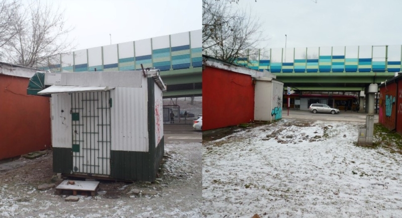 Na zdjęciu lewym nielegalnie zainstalowany kiosk, na zdjęciu prawym to samo miejsce po jego usunięciu.