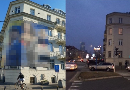 Na zdjęciu lewym budynek, na którym zamieszczona została nielegalna reklama, na zdjęciu prawym ten sam budynek bez reklamy.
