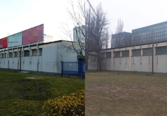 Budynek z nielegalnie postawionymi na nim reklamami, przed i po ich uprzątnięciu.