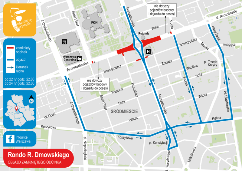 Mapa przedstawiająca objazd zamkniętego odcinka ronda Dmowskiego.