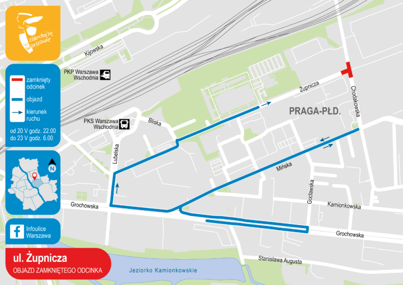 Mapa przedstawiająca objazd zamkniętego odcinka ulicy Żupniczej.