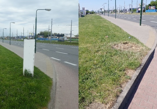 Na lewym zdjęciu nielegalna instalacja w pasie drogi, na zdjęciu prawym to samo miejsce po usunięciu instalacji.