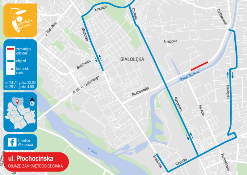 Mapa przedstawiająca objazd zamkniętego odcinka ul. Płochocińskiej.