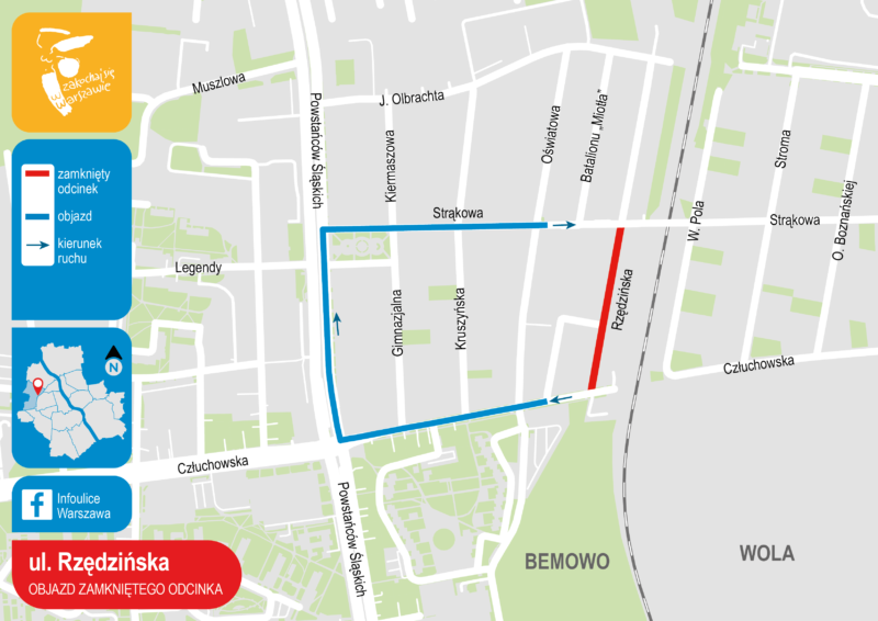 Mapa przedstawiająca objazd zamkniętego odcinka ulicy Rzędzińskiej.