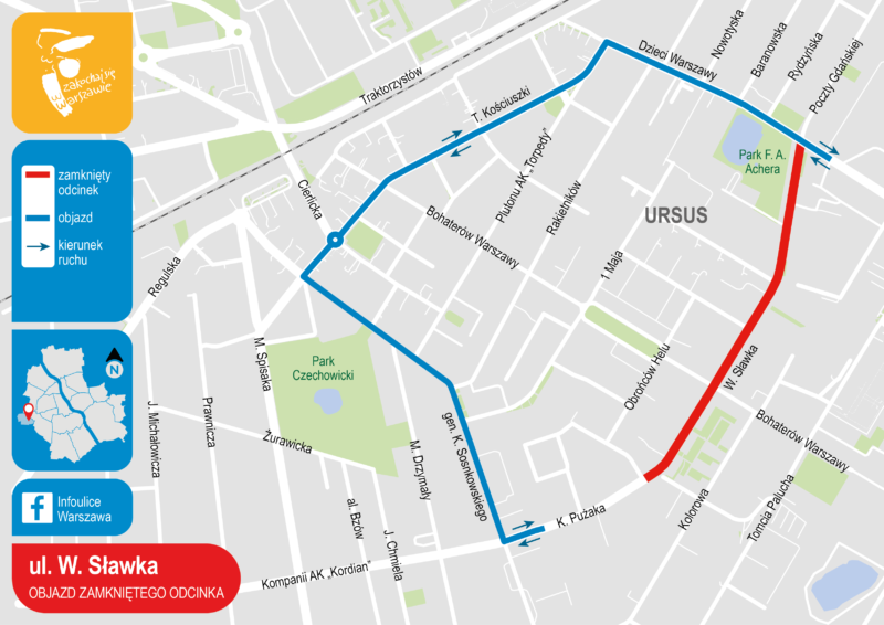 Mapa przedstawiająca objazd zamkniętego odcinka ul. Sławka.