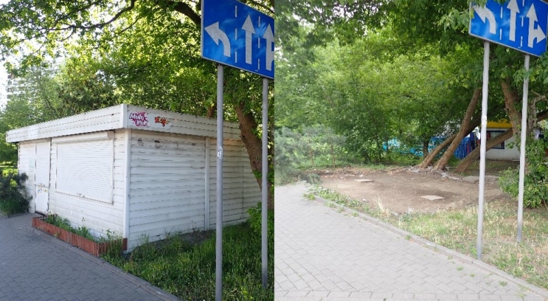 Na lewym zdjęciu nielegalny kiosk postawiony w pasie drogi, na zdjęciu prawym to samo miejsce po rozbiórce kiosku.