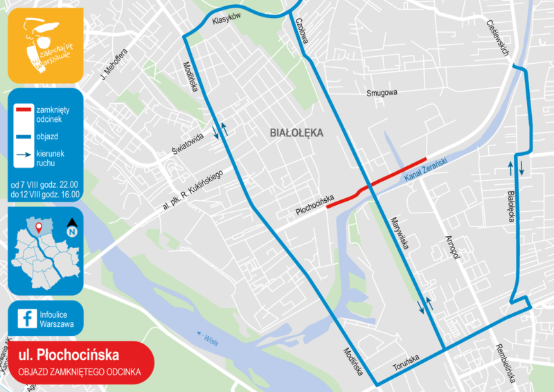 Mapa przedstawiająca objazd zamkniętego odcinka ulicy Płochocińskiej.
