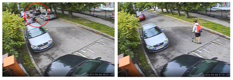 Na lewym zdjęciu znajduje się kilka samochodów na wysokości wejścia do szkoły. Na prawym zdjęciu widać ucznia jadącego ul. Drzymały na hulajnodze.