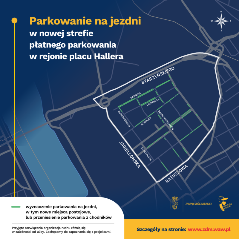 Grafika przedstawia ulice, na których parkowanie w rejonie placu Hallera zostanie przeniesione na jezdnię