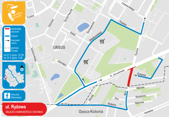 Mapa przedstawiająca objazd zamkniętego odcinka ulicy Ryżowej.