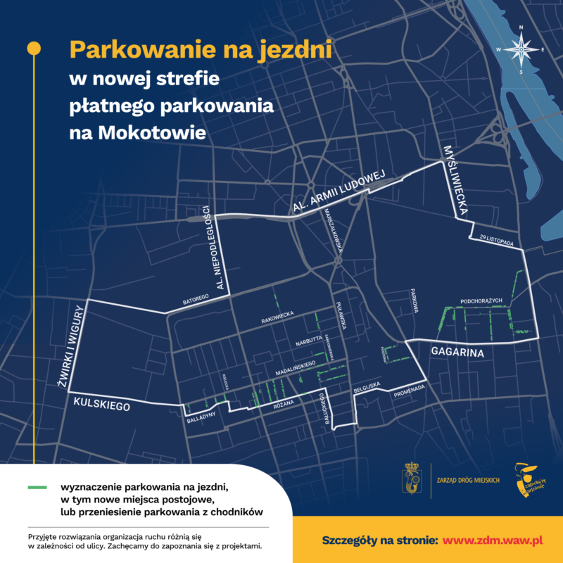 Grafika przedstawia ulice, na których parkowanie w SPPN na Mokotowie zostanie przeniesione na jezdnię.