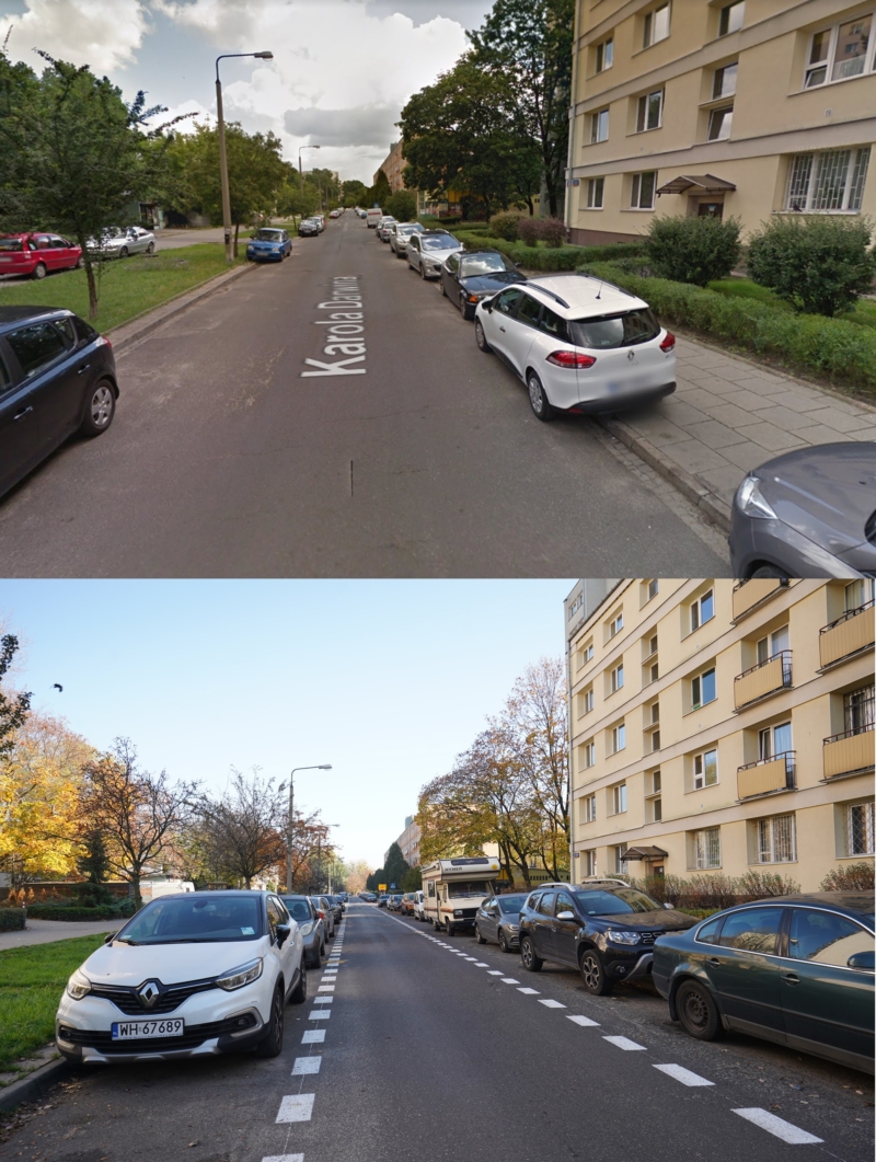 Ulica Darwina przed i po wyznaczeniu miejsc parkingowych.