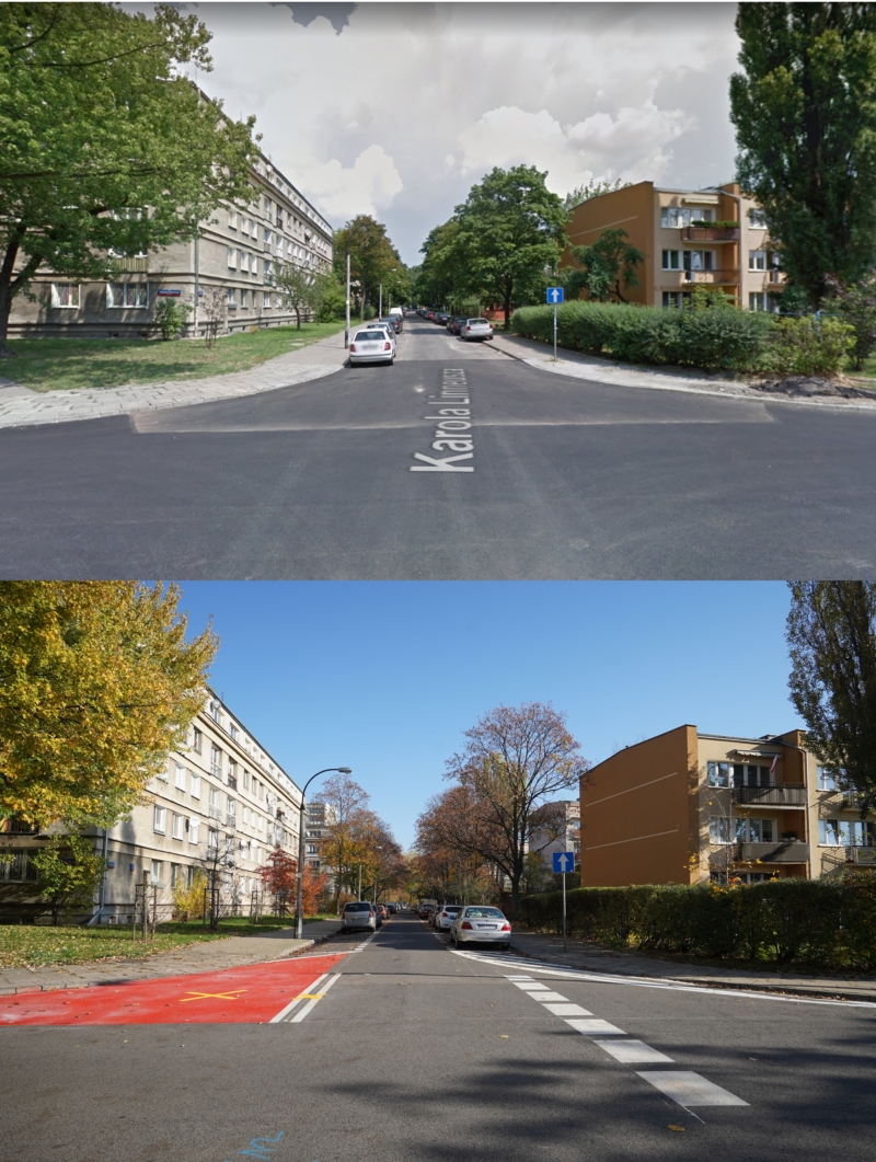 Ulica Linneusza przed i po wyznaczeniu miejsc parkingowych.