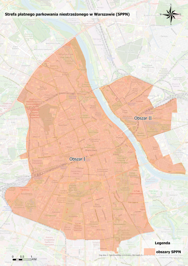 Mapa obszar SPPN na terenie Warszawy od początku listopada 2024 r. zgodnie z opisem powyżej.