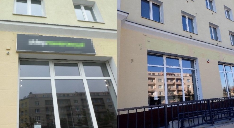 Na zdjęciu po lewej nielegalnie przymocowany szyld, na zdjęciu po prawej ten sam budynek po usunięciu reklamy.