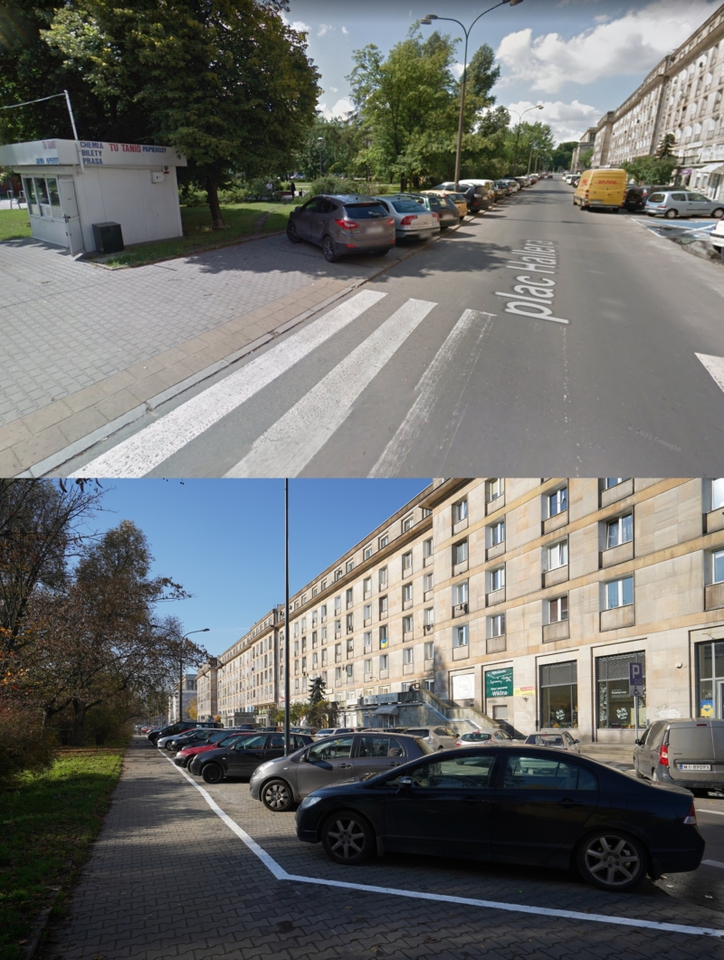 Plac Hallera przed i po wyznaczeniu miejsc parkingowych.