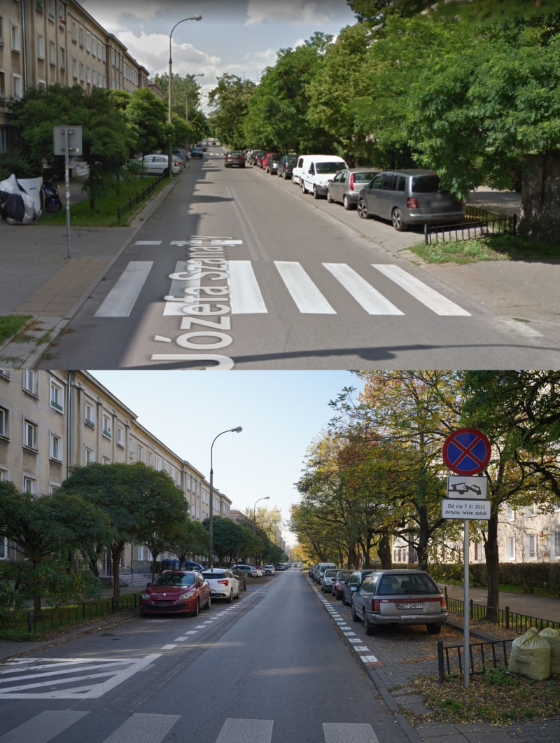 Ulica Szanajcy przed i po wyznaczeniu miejsc parkingowych.