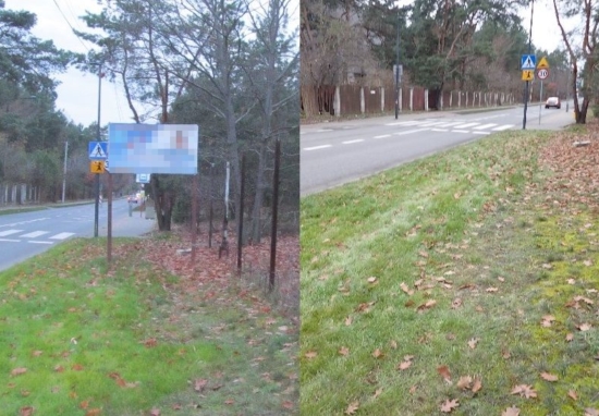 Na lewym zdjęciu miejsce, w którym postawiono reklamę, na zdjęciu prawym to samo miejsce po jej uprzątnięciu.
