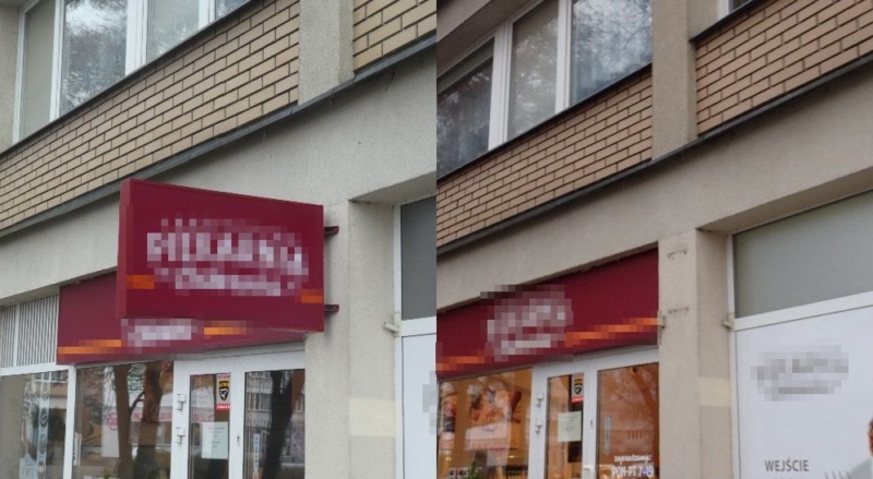 Na zdjęciu po lewej stronie szyld przymocowany do budynku, po prawej to samo miejsce po jego usunięciu.
