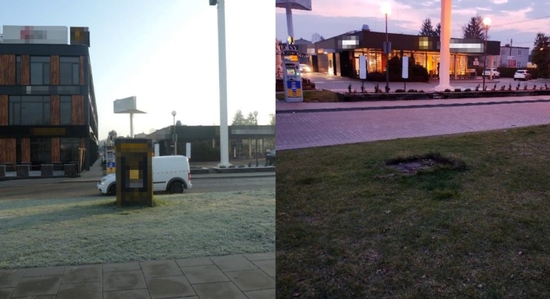 Na zdjęciu po lewej stronie nielegalna instalacja reklamowa, po prawej to samo miejsce po usunięciu instalacji.