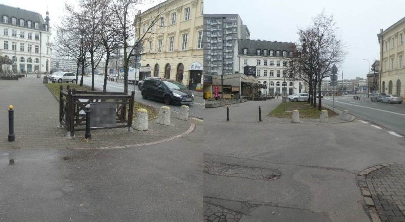 Na lewym zdjęciu nielegalna instalacja reklamowa na chodniku, na zdjęciu prawym to samo miejsce już po usunięciu reklamy.