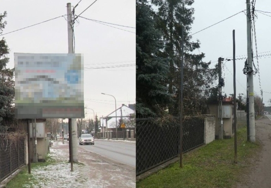 Na zdjęciu lewym nielegalnie postawiona reklama, na zdjęciu prawym to samo miejsce po usunięciu reklamy.