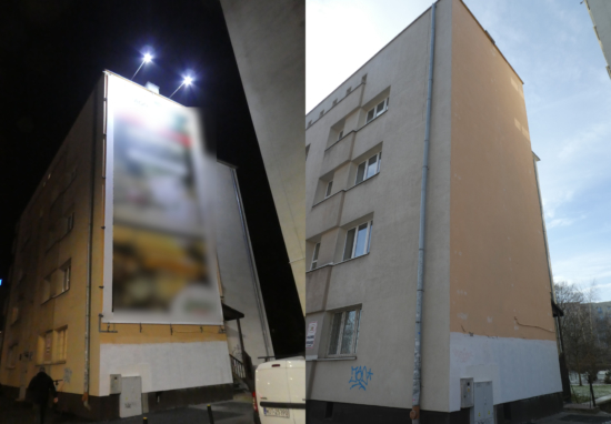 Po lewej ściana budynku z nielegalną reklamą, na zdjęciu prawym elewacja budynku bez reklamy.