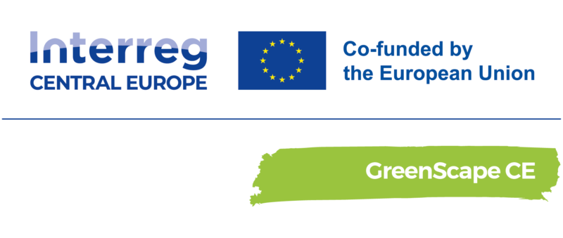 Napis "Interreg Central Europe", flaga Unii Europejskiej, napis "Co-funded by the European Union", napis "GreenScape CE"