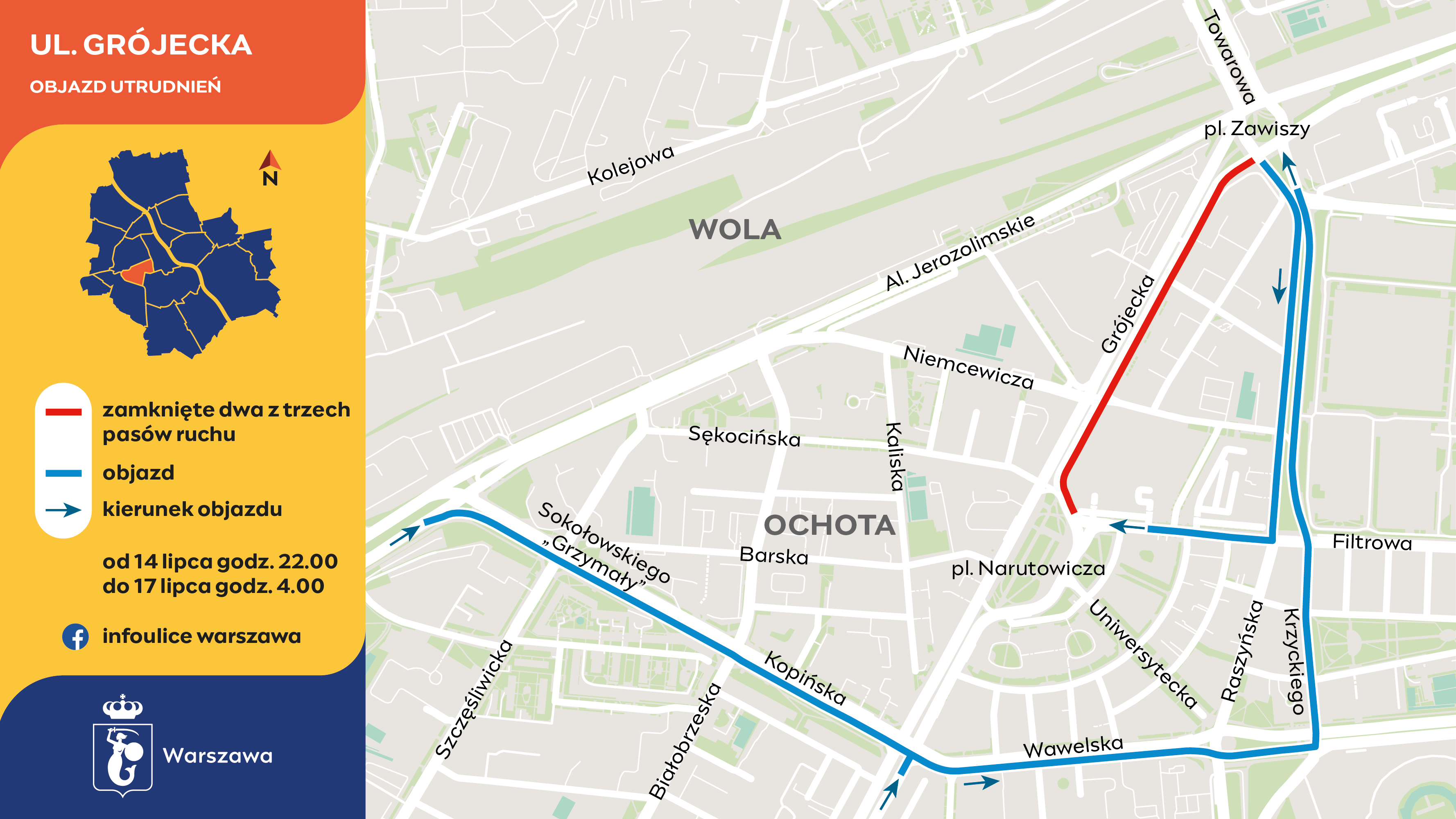 Mapa przedstawiająca objazd utrudnień ulicy Grójeckiej.