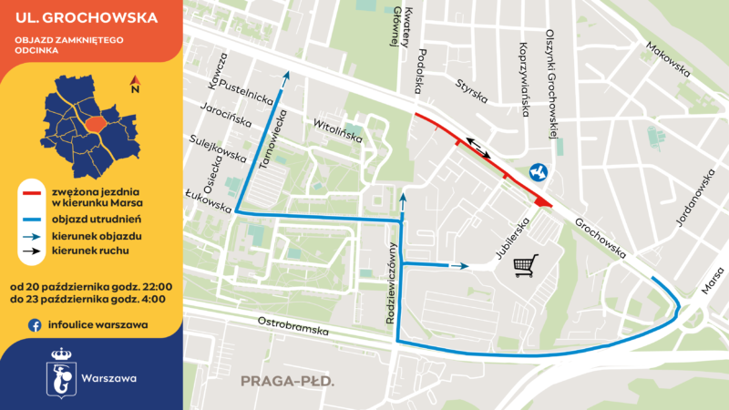 Mapa przedstawiająca objazd zamkniętego odcinka ul. Grochowskiej.