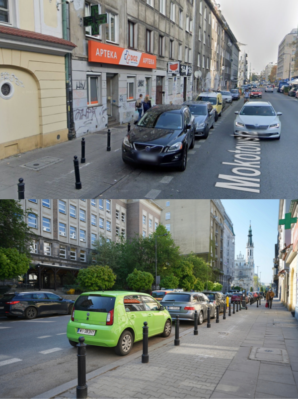 Ulica Mokotowska - przed i po reorganizacji parkowania.
