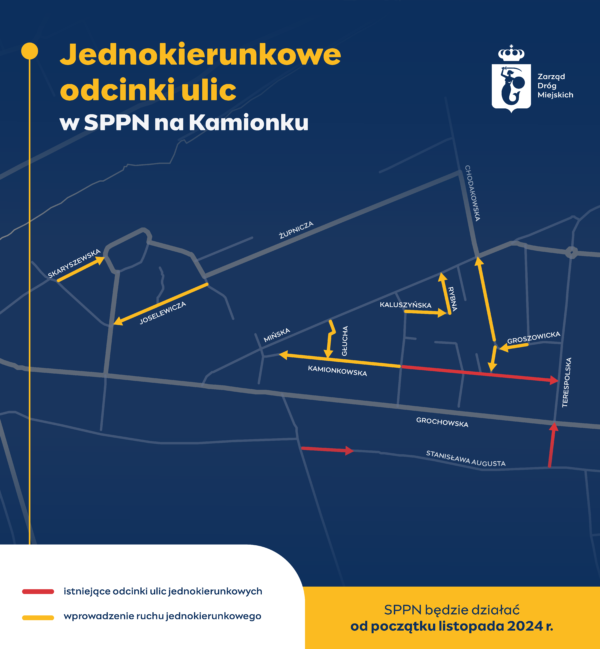 Jednokierunkowe odcinki ulic w SPPN na Kamionku. Infografika w formie mapy. SPPN będzie działać od początku listopada 2024 r.