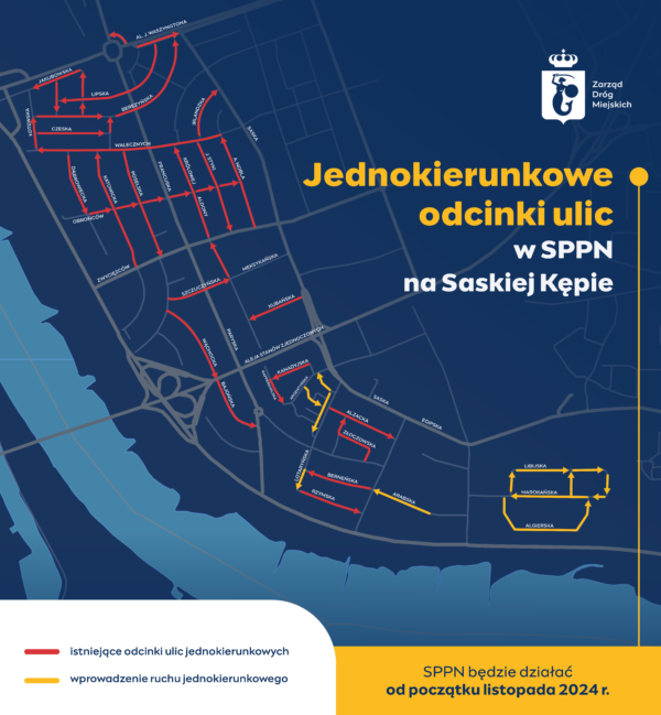 Jednokierunkowe odcinki ulic w SPPN na Saskiej Kępie. Infografika w formie mapy. SPPN będzie działać od początku listopada 2024 r.