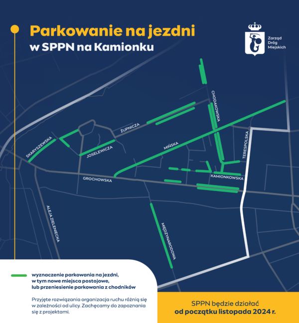 Parkowanie na jezdni w SPPN na Kamionku. Infografika w formie mapy. SPPN będzie działać od początku listopada 2024 r.