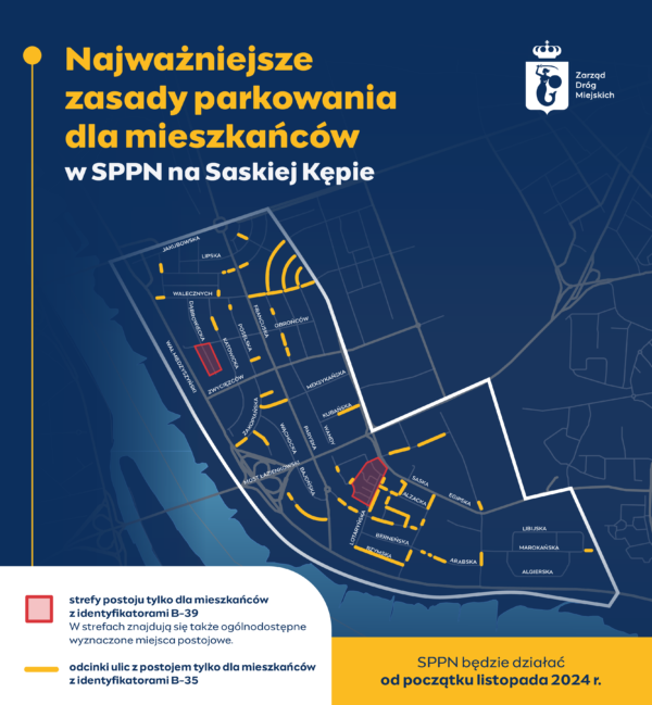 Najważniejsze zasady parkowania dla mieszkańców w SPPN na Saskiej Kępie. Infografika w formie mapy. SPPN będzie działać od początku listopada 2024 r.