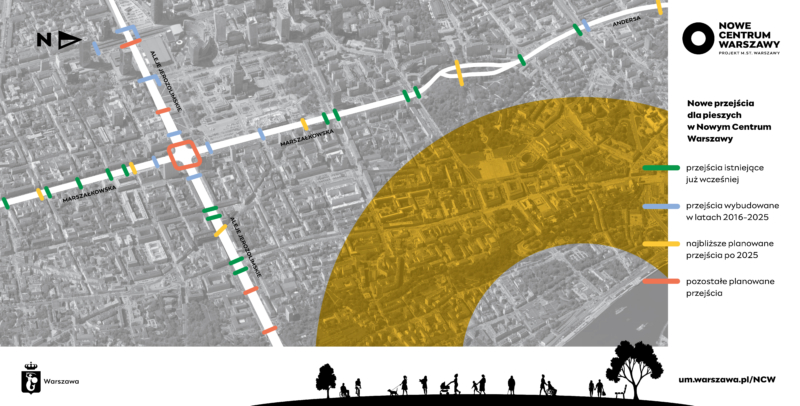 Nowe przejścia dla pieszych w Nowym Centrum Warszawy - istniejące i planowane