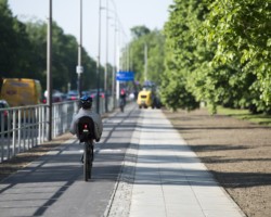 Rowerzysta jadący ścieżką rowerową na ulicy Żwirki i Wigury.