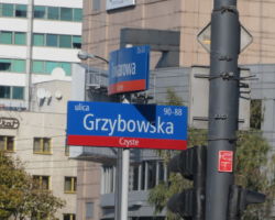 Skrzyżowane tablice z nazwami ulic Towarowa i Grzybowska.